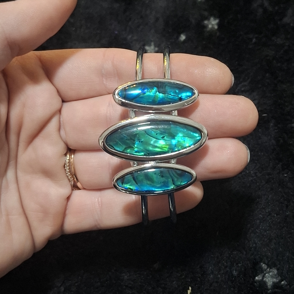 🐚Abalone Puau Shell Blue Green Mother Of Pearl Silver Hinge Cuff Bracelet - Picture 5 of 10